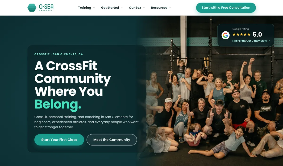 O-SEA CrossFit website built by Digilu, showing the gym community and its 5.0 Google rating